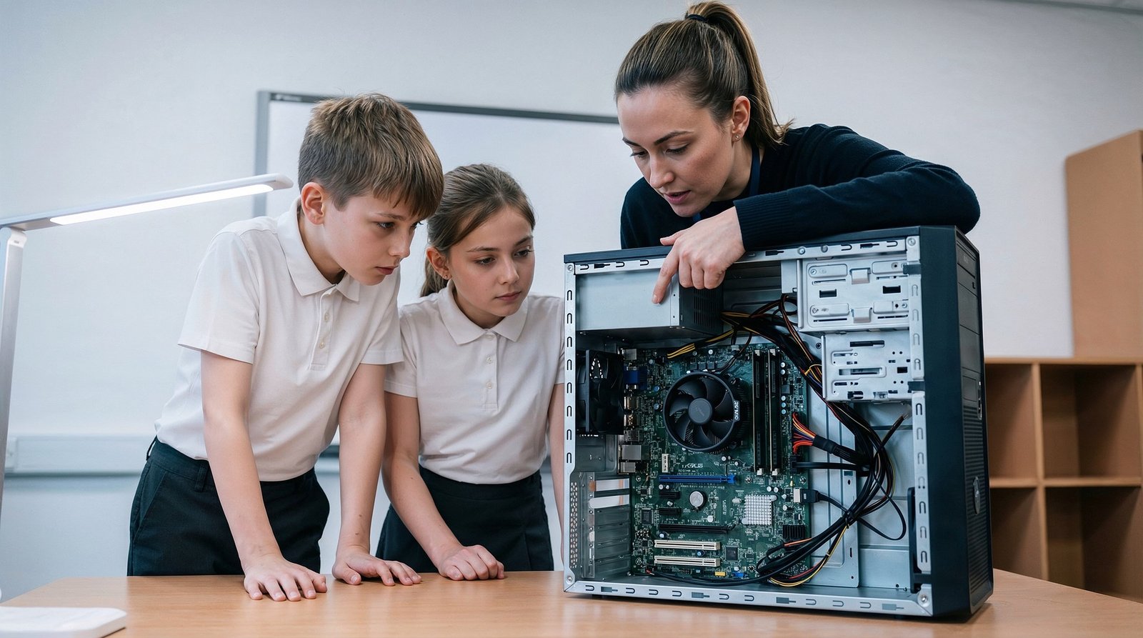 Maestra y alumnos revisando una computadora en un aula moderna